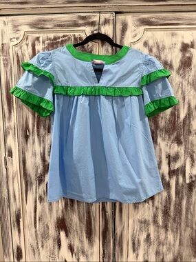 Golden Threads Light Blue Top with Green Ruffle Trim